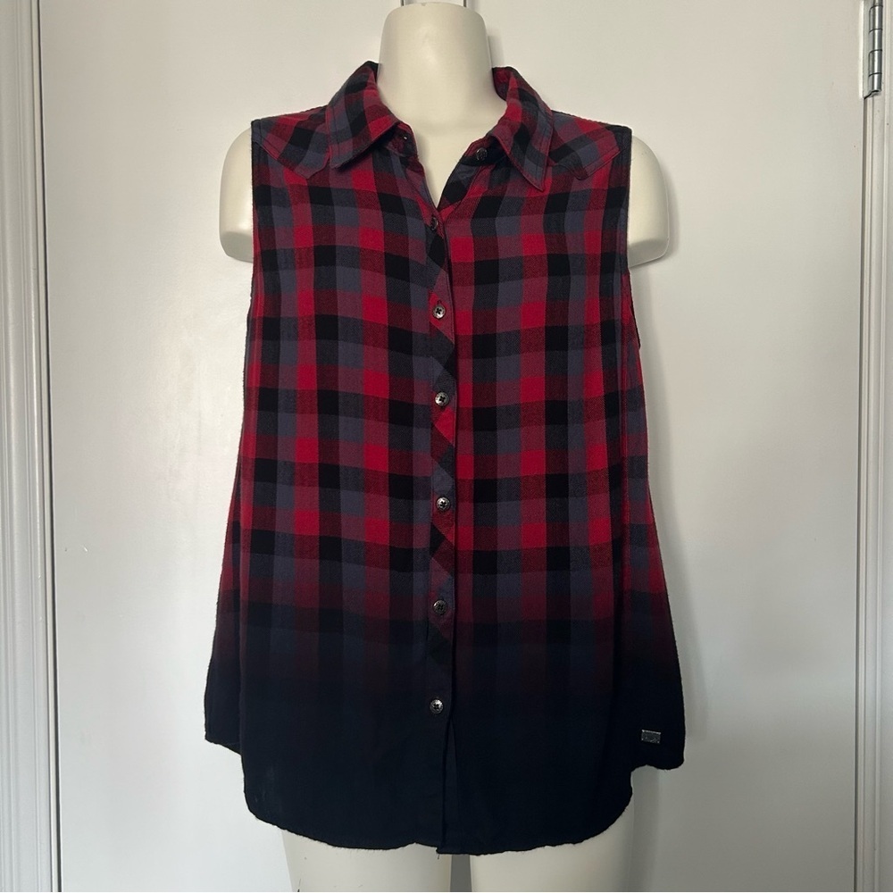 Harley Davidson Red & Black Plaid Dipped Bottom Sleeveless Button up Top